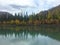 Reflection of autumn forest in the emerald water. Autumn landscape. Chuya river. Altai Mountains