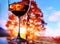 Reflection of autumn sunny landscape in a glass with wine against the backdrop of a colorful canopy tree in the sunlight.