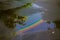 Reflection of a bright rainbow in a puddle on asphalt