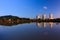 Reflection of buildings and hills at blue hour in Sabah, Borneo