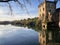 Reflection of a castle in the lake at sunset in the gulf