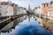 Reflection of church in Bruges, Belgium