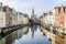 Reflection of church in Bruges, Belgium