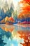 a reflection of the colorful autumn trees in the crystal clear water mirror like surface generative ai