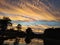 Reflection of evening sun setting sky on swampy water.