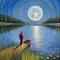 A Reflection of a full moon on a still lake. Painting