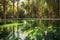 reflection of green palm trees in a calm oasis pond
