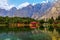 Reflection in the high altitude Kachora lake in the karakoram mountains near Skardu