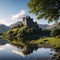 Reflection of Kilchurn Castle in Loch Awe, Highlands, Scotland made with Generative AI