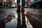 Reflection of man walking through rain puddle. Generative AI