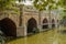 A reflection and mesmerizing view from the side of the pond,lake of palm trees and bridge monument at lodi garden or lodhi gardens