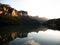 Reflection of mountains in Ebro river lake dam Embalse de Sobron on border of Basque Country Castile and Leon Spain