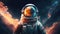 Reflection of outer space in the astronaut\\\'s mirrored helmet. An astronaut in a spacesuit and a helmet