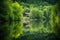 reflection of peaceful lake surrounded by lush green forest, perfect escape