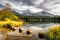 Reflection of peaks on water surface of tarn Strbske pleso in High Tatras mountain at Slovakia