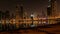 A reflection shot of a cityscape at Al Majaz beach corniche, Sharjah, UAE.