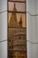 Reflection of spire of Fisherman Bastion in window glass, Budapest, Hungary