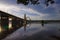 Reflection of the sun in the lake, bridge and islet