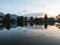 Reflection of swiss town Buchs in Werdenbergersee in St. Gallen Switzerland