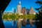 Reflection Town Lake Austin Texas Skyline Under South Congress Avenue Bridge still colorado river