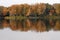 Reflection of trees in clear water. Bright foliage and autumn forest on bank of quiet river somewhere in Europe against