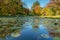 Reflection water lake in the garden during falling season