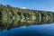 Reflection in water of trees growing on lake shore