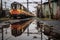 reflections of abandoned trains in a rain-soaked puddle