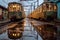 reflections of abandoned trains in a rain-soaked puddle