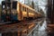 reflections of abandoned trains in a rain-soaked puddle