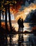 Reflections of Doubt in a Sunset Love Affair: An Illustrated Poster of a Couple Standing in a Withering Forest Near a Lake