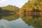 Reflections fall foliage and sky on mountain lake