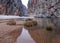 Reflections In The Floodwater At Torrent De Pareis Canyon On Balearic Island Mallorca