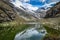Reflections on a glacial lake in the Cordillera, Blanca. Huaraz, Peru