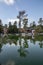 Reflections of house and trees on a pond at a Japanese garden.