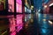 reflections of neon lights on wet pavement