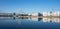 Reflections on the Neva river of bridge and buildings and skyline