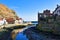 Reflections in Staithes Harbour, near Scarborough, in North Yorkshire.