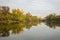 Reflections of trees in autumn colors under the cloudy sky, in Herestrau Park in northern Bucharest