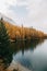 Reflective calm mountain lake and autumn fir trees with a snow-covered cloudy mountain behind