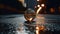 Reflective Mystique: The Shimmering Metallic Sphere on Rain-Soaked Asphalt at Night