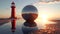 Reflective Tranquility: Sunset Silhouette of a Metal Ball with Lighthouse Reflection