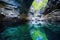 reflective water in a cerulean cave canyon