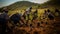 Reforestation project, a group of people planting seedlings on the soil in the morning