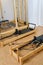 the reformer machine in the pilates room. Yoga equipment