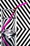 Refraction of light by a glass on a black and white striped background with drinking straw. Abstract glass art