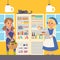 Refregerator full of food banner vector illustration. Female farmer characters standing near open cooler holding milk