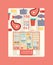 Refregerator full of food poster vector illustration. Open cooler with fruits and vegetables, different sauces and