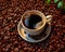 refreshing aroma black coffee in a cup surrounded by coffee beans