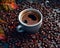 refreshing aroma black coffee in a cup surrounded by coffee beans